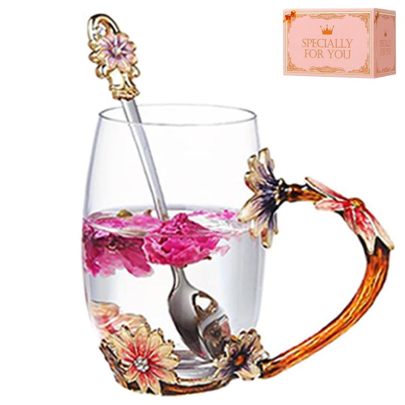 DasyFly Daisy Flower Tea Cup,Handmade Glass Enamel Coffee Mugs with Delicate Spoon,Birthday Gift for Wife,Mum,Girlfriend,Teacher - Image 1